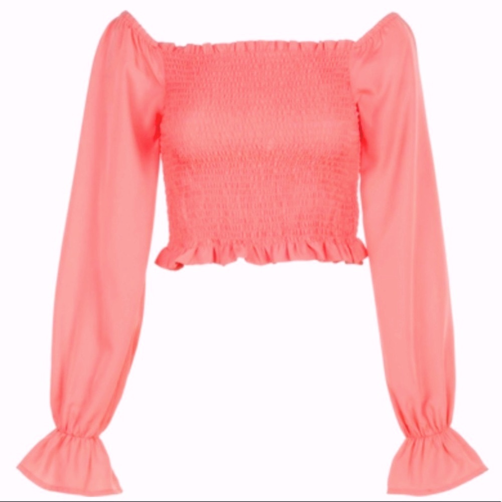 NWT True Destiny Women’s Smocked Solid Ruffle Pink Peasant Off-the-shoulder Top